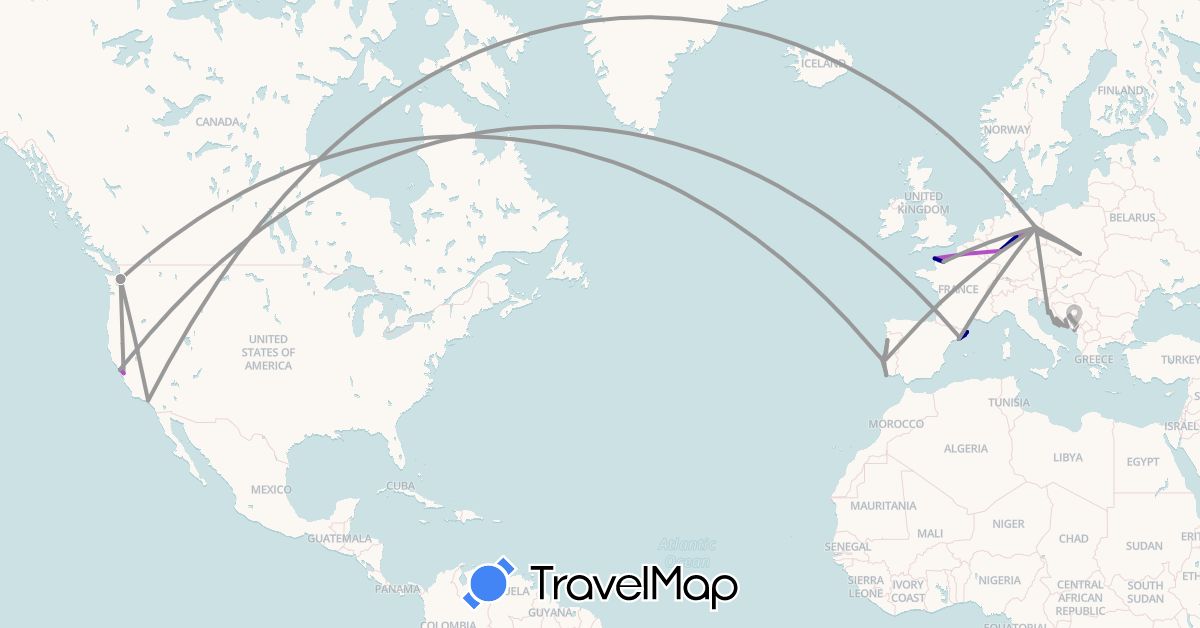TravelMap itinerary: driving, plane, train in Bosnia and Herzegovina, Germany, Spain, France, Croatia, Montenegro, Poland, Portugal, United States (Europe, North America)